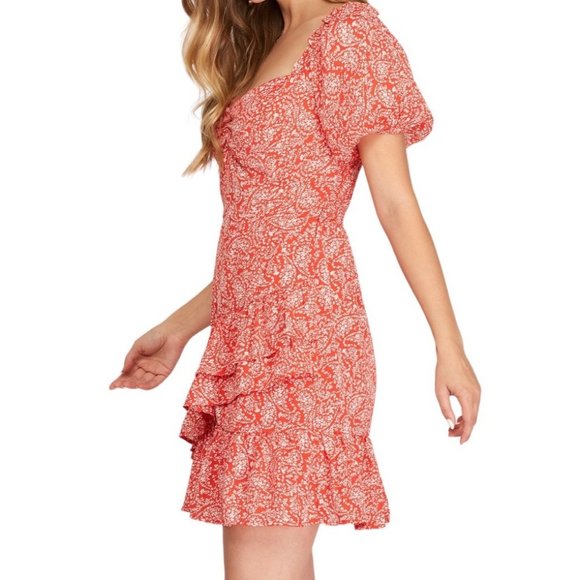 She and Sky Puff Sleeve Tiered Ruffle Mini Dress Red White Size Large NWT - Picture 3 of 3